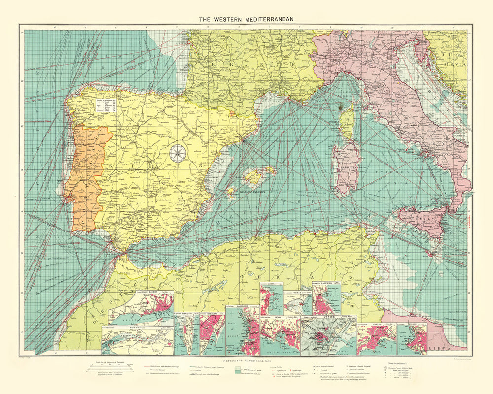 Vintage Map of Western Mediterranean Sea, 1922 print style example