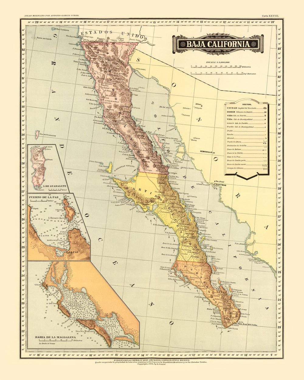 Vintage Map of Baja California, 1886 print style example