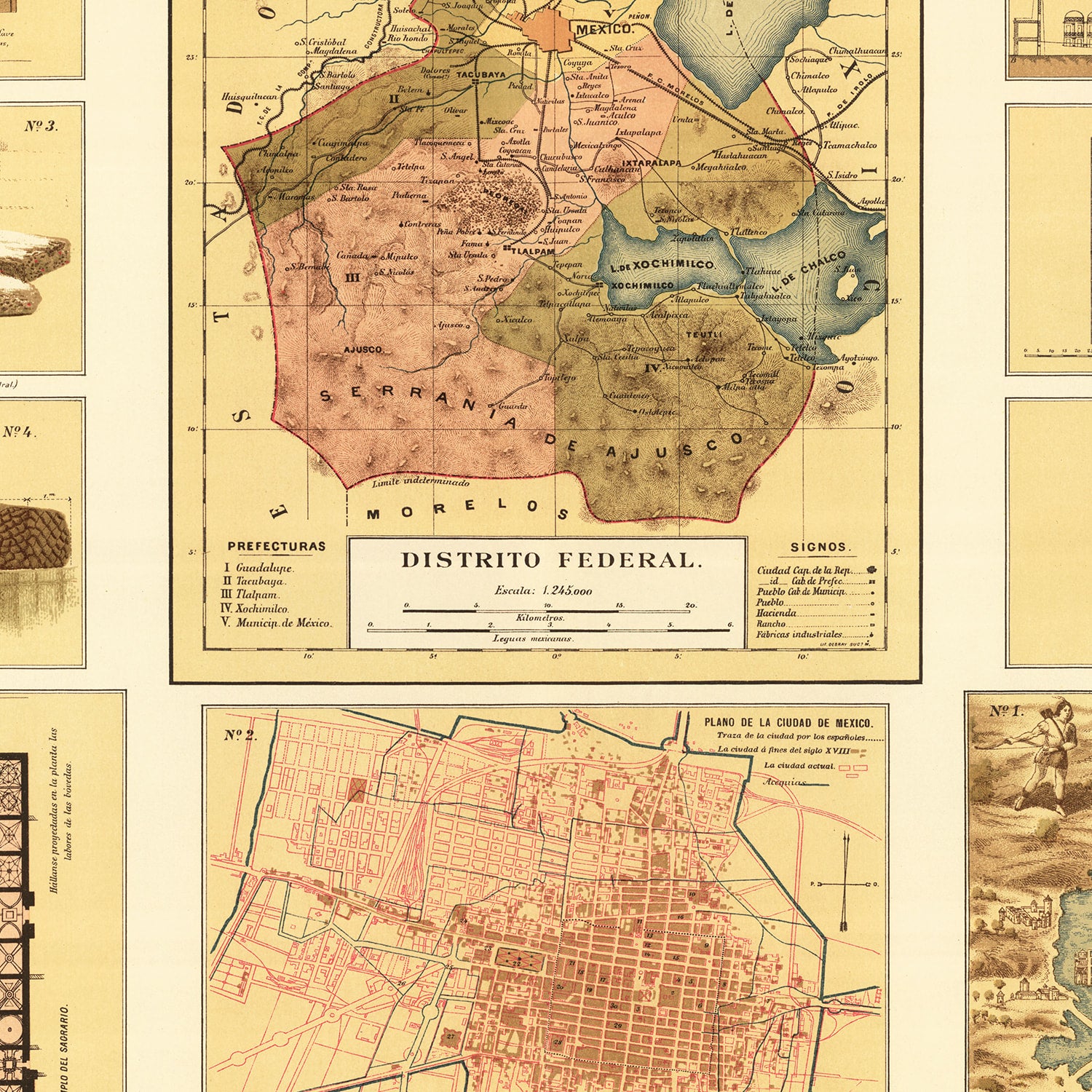 Restored historic details from the 1886 city map of Mexico City