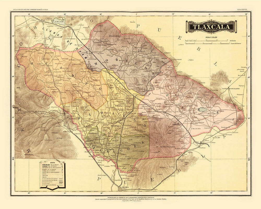 Vintage Map of Tlaxcala Mexico, 1886 print style example