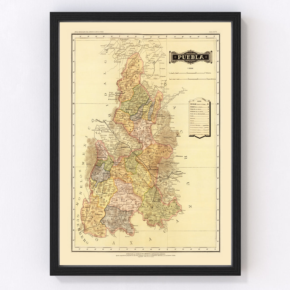 Puebla Mexico Vintage Map 1886