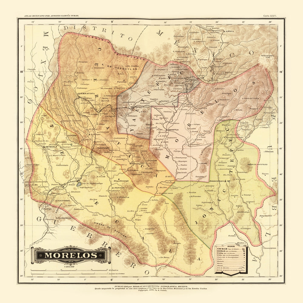 Vintage Map of Morelos Mexico, 1886 print style example