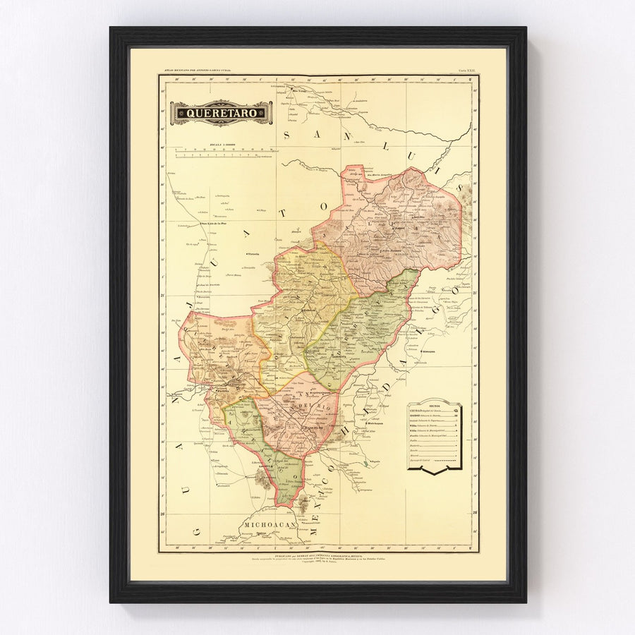 Vintage Map of Queretaro Mexico, 1886