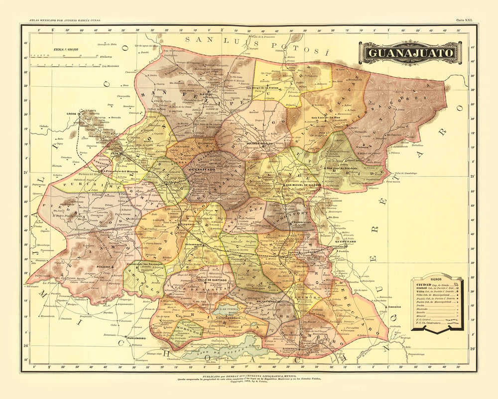 Vintage Map of Guanajuato Mexico, 1886 print style example