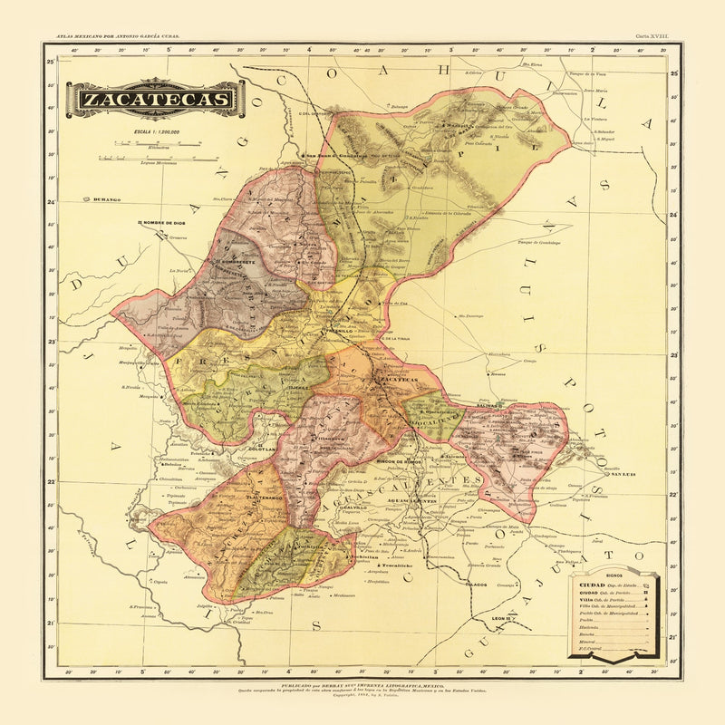 Size comparison using Vintage Map of Zacatecas Mexico, 1886