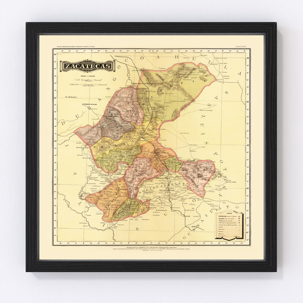 Zacatecas Mexico Vintage Map 1886