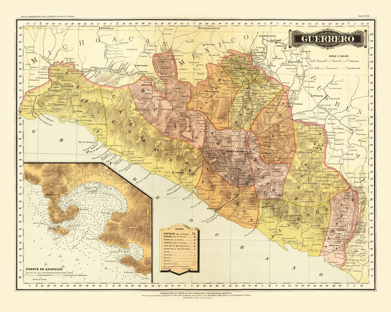 Size comparison using Vintage Map of Guerrero Mexico, 1886