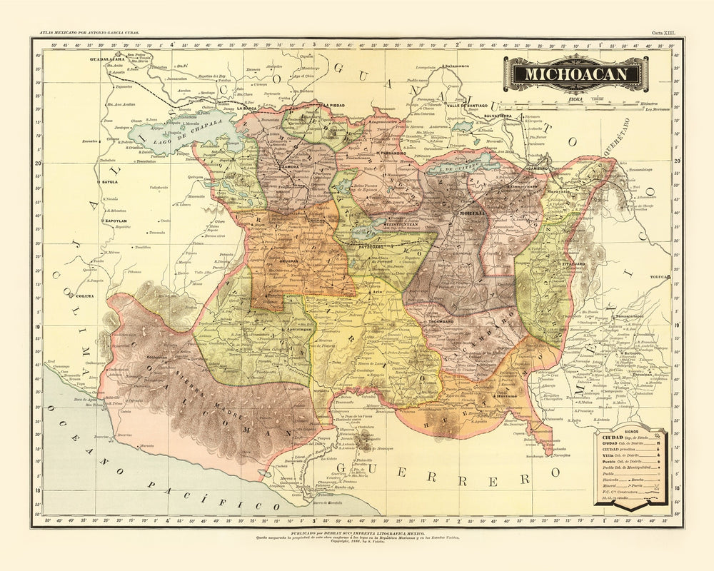 Vintage Map of Michoacan Mexico, 1886 print style example