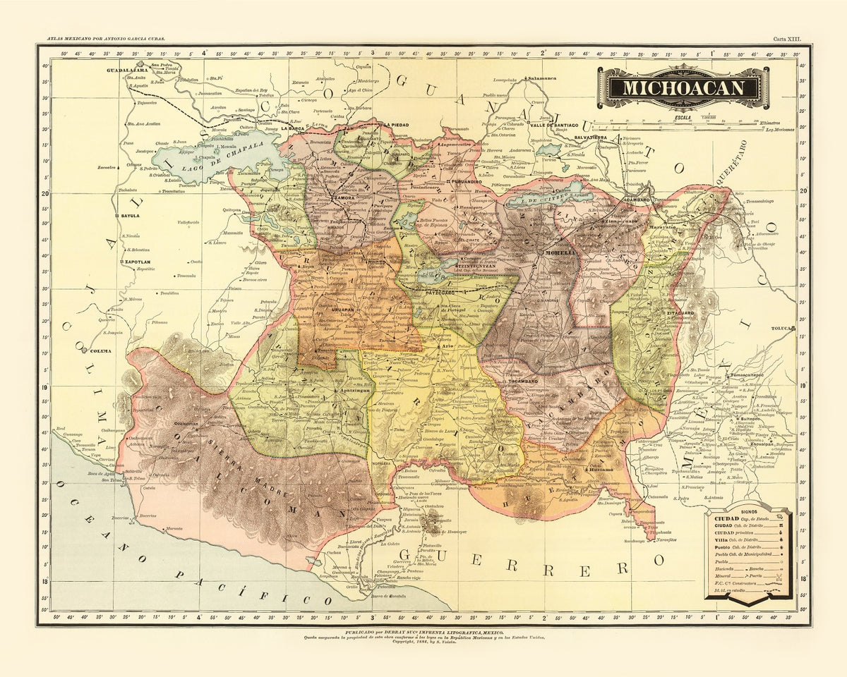 Preview of Vintage Map of Michoacan Mexico, 1886