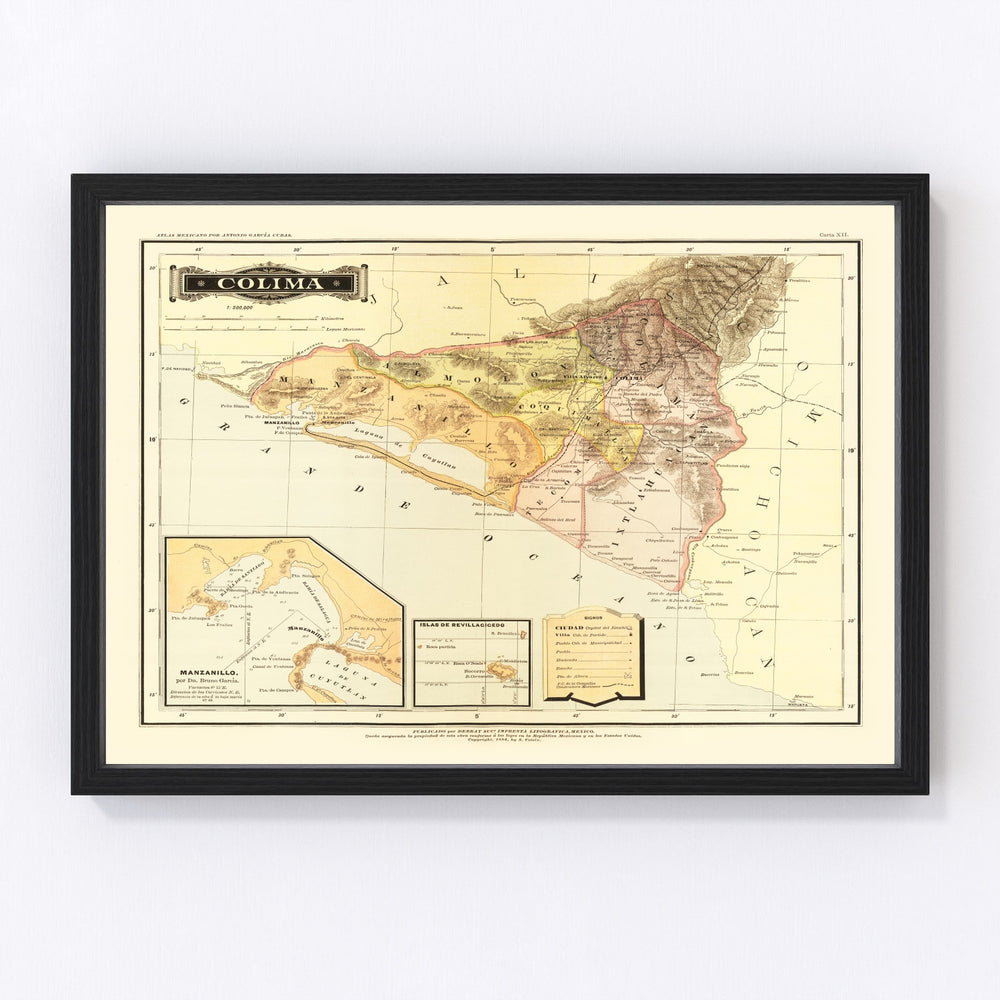 Colima Mexico Vintage Map 1886
