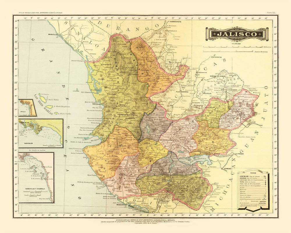 Vintage Map of Jalisco Mexico, 1886 print style example