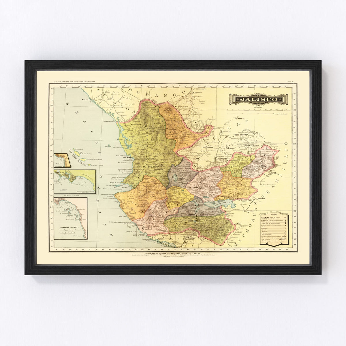 Jalisco Mexico Vintage Map 1886