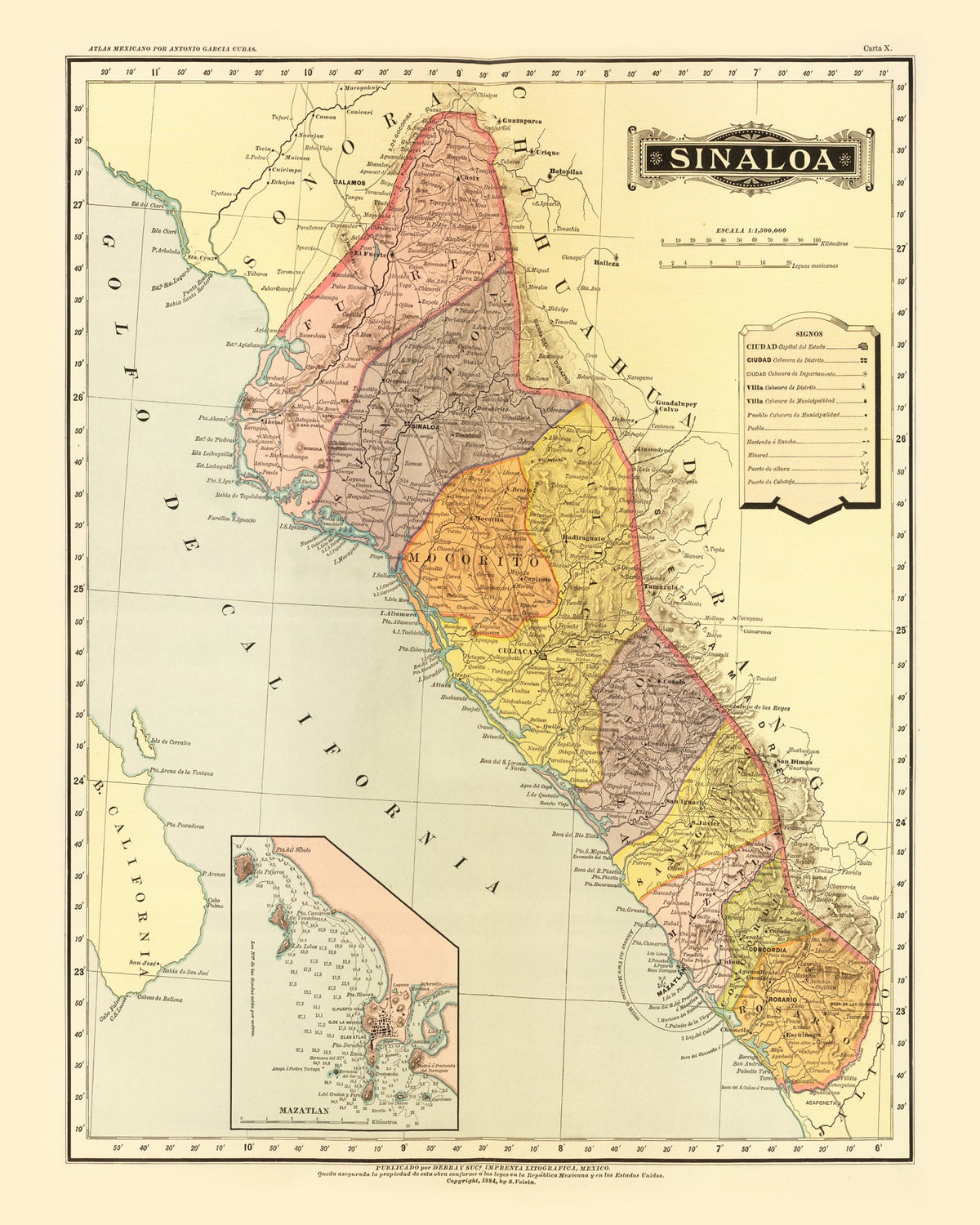 Preview of Vintage Map of Sinaloa Mexico, 1886