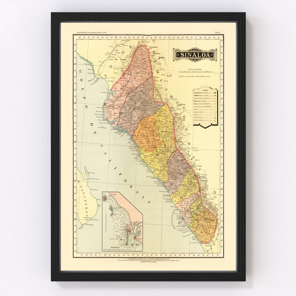 Sinaloa Mexico Vintage Map 1886