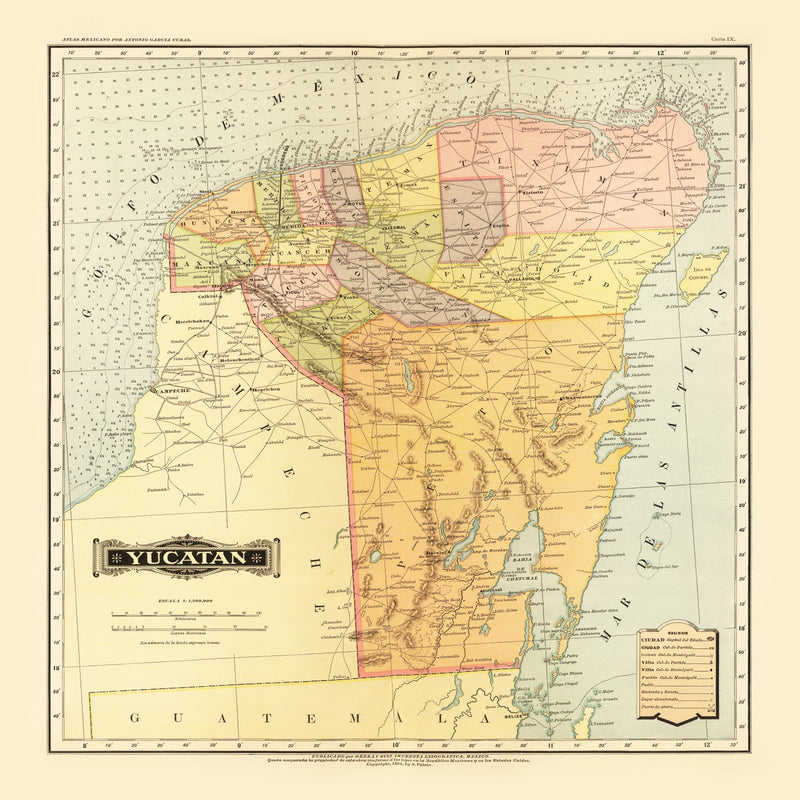 Size comparison using Vintage Map of Yucatan Mexico, 1886