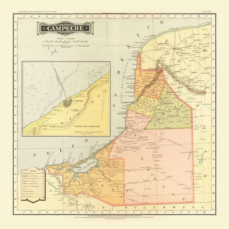 Size comparison using Vintage Map of Campeche Mexico, 1886