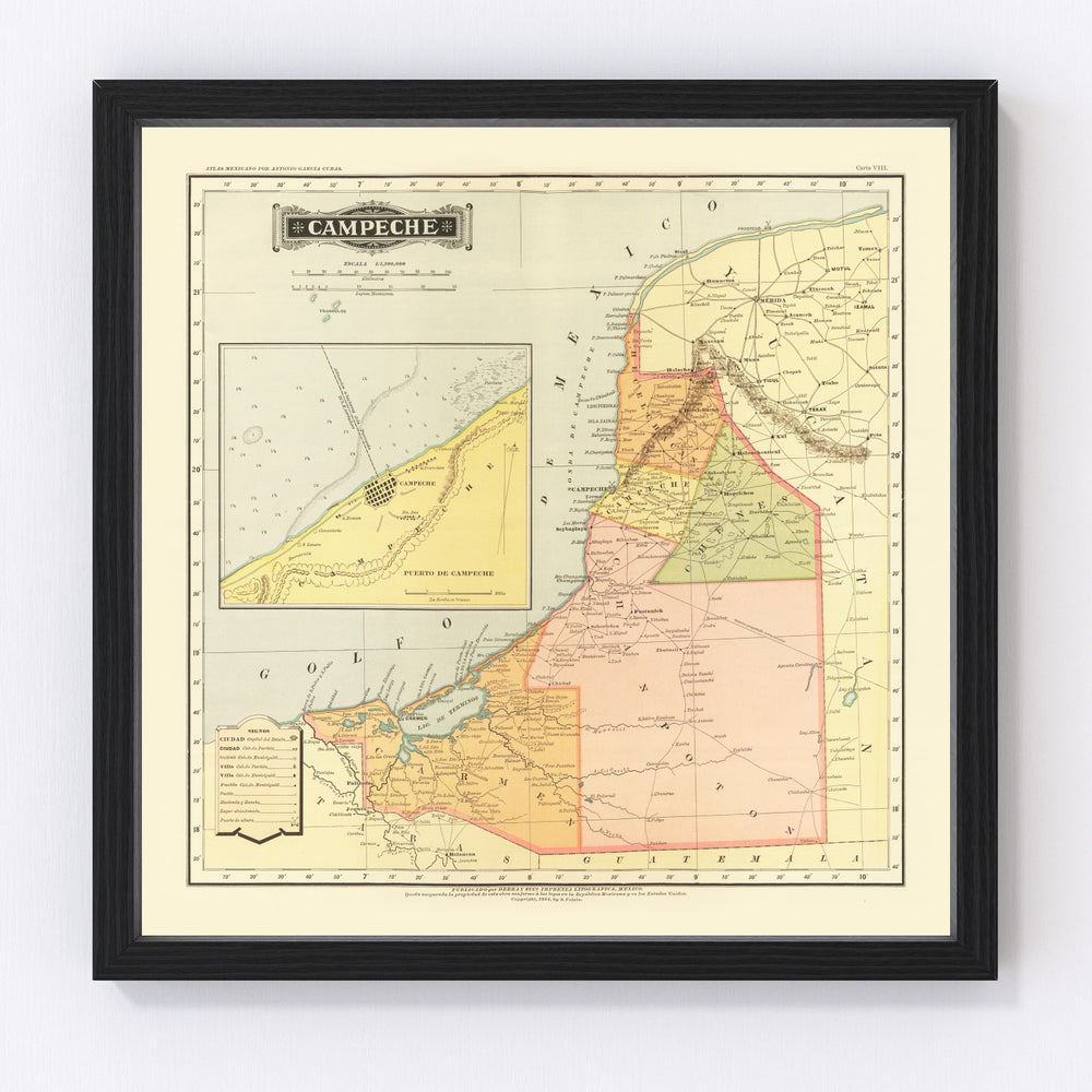 Campeche Mexico Vintage Map 1886
