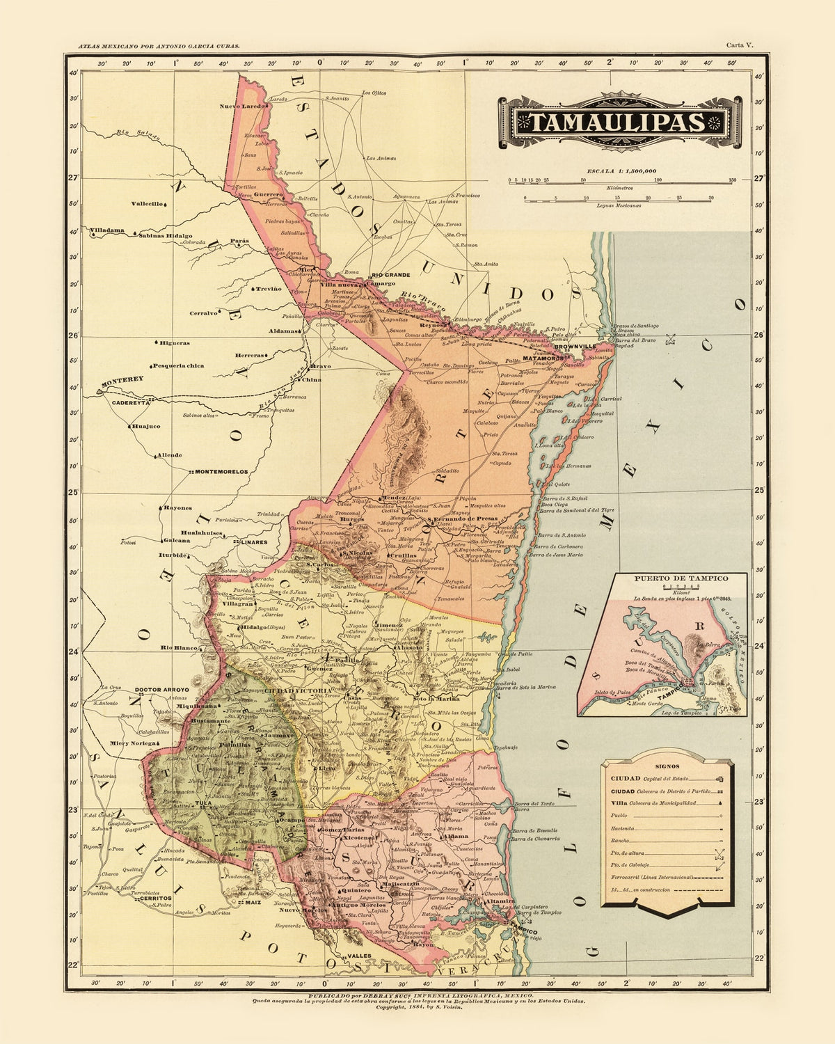 Preview of Vintage Map of Tamaulipas Mexico, 1886
