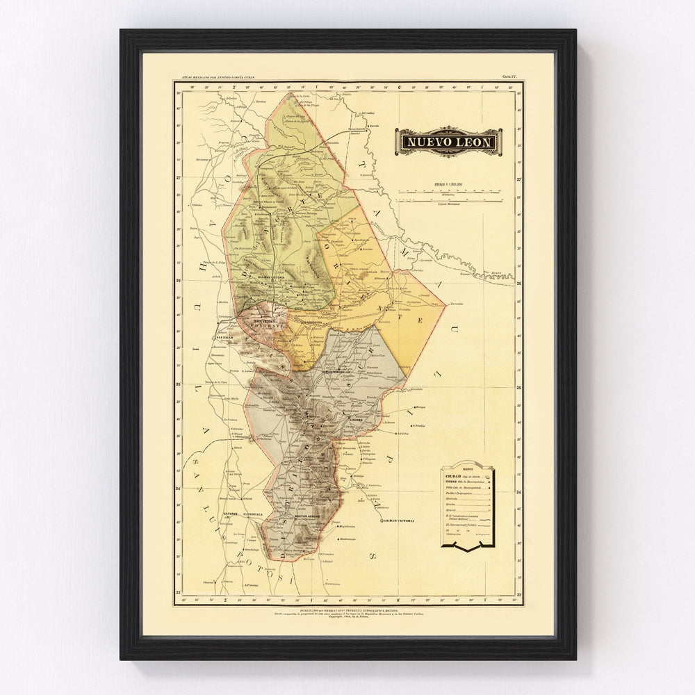 Nuevo Leon Mexico Vintage Map 1886