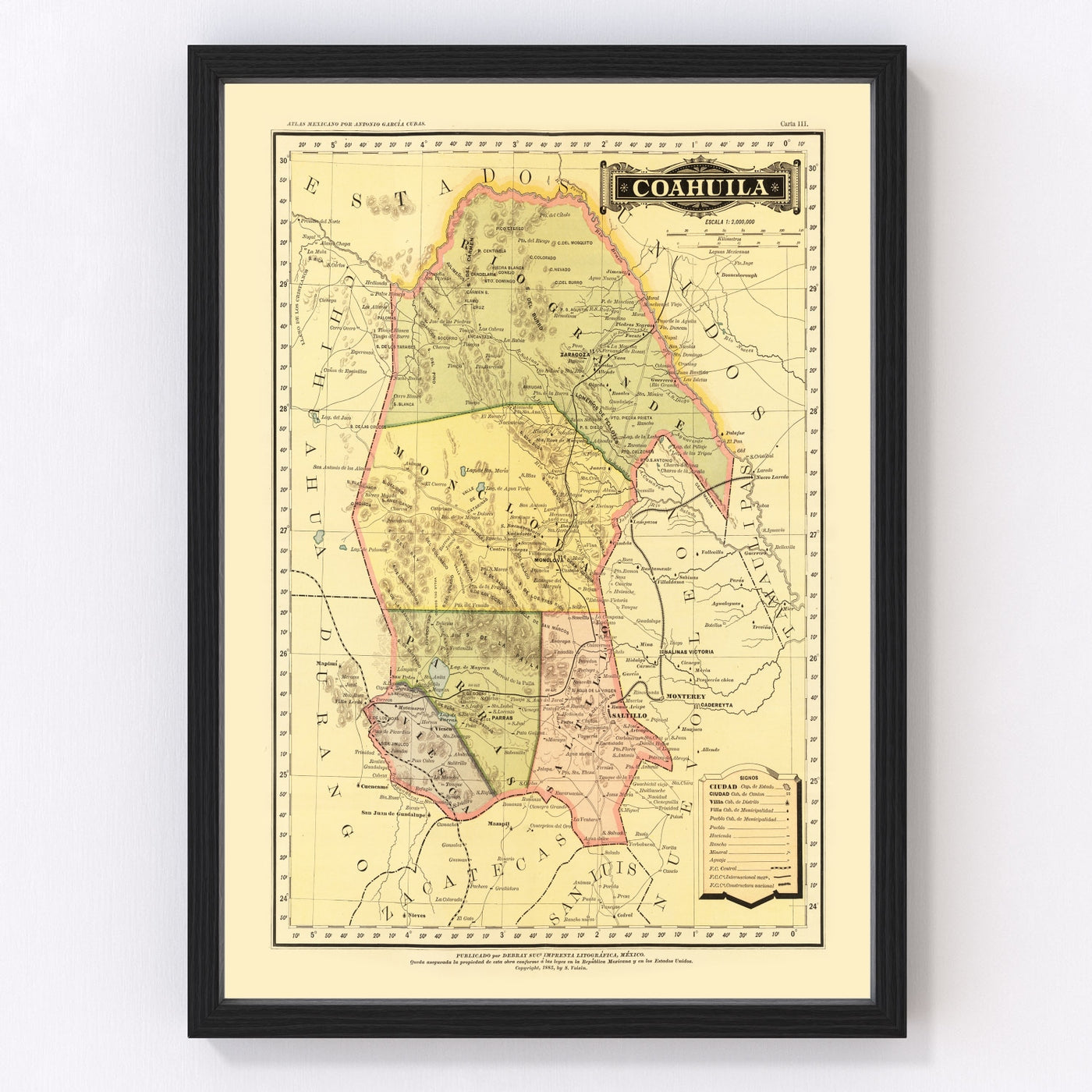 Coahuila Mexico Vintage Map 1886