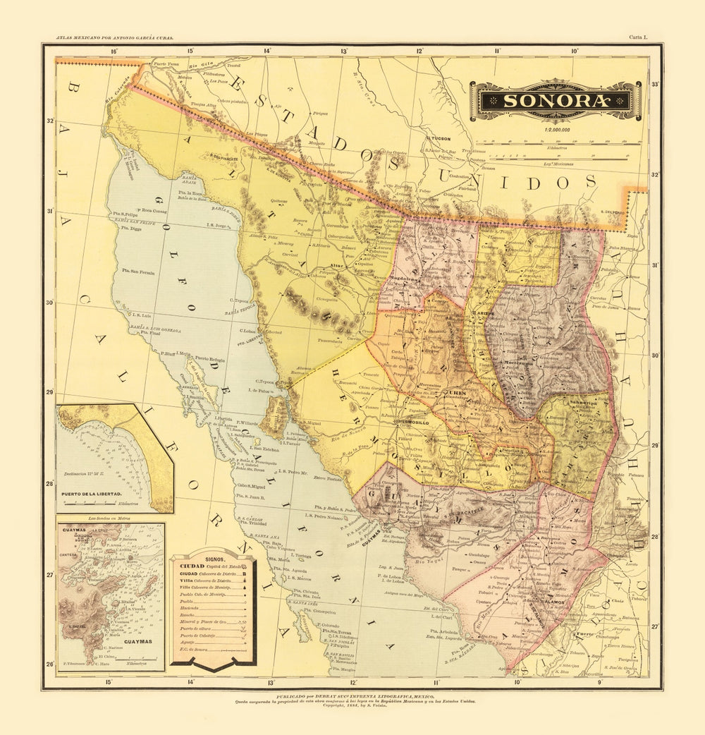Vintage Map of Sonora Mexico, 1886 print style example