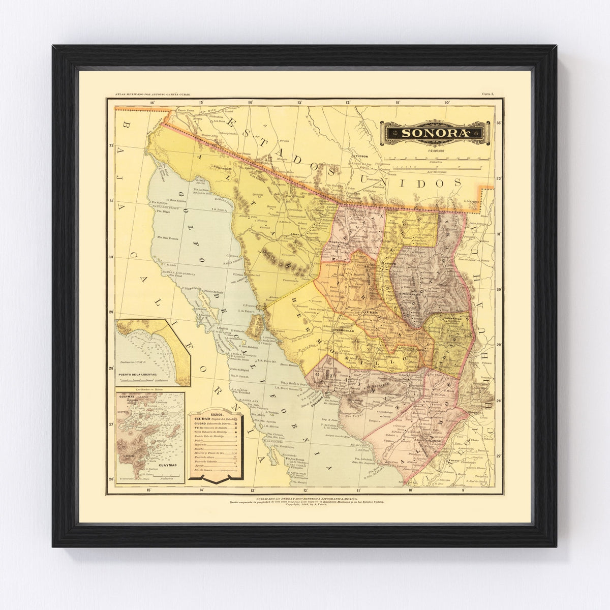Sonora Mexico Vintage Map 1886