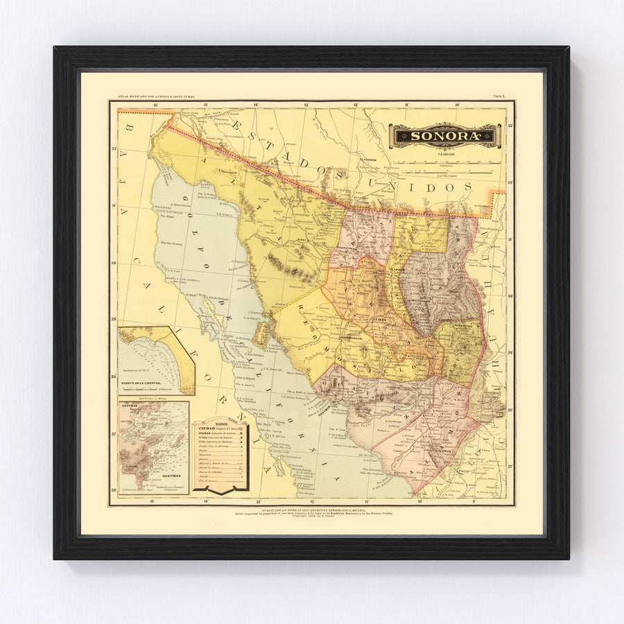 Vintage Map of Sonora Mexico, 1886