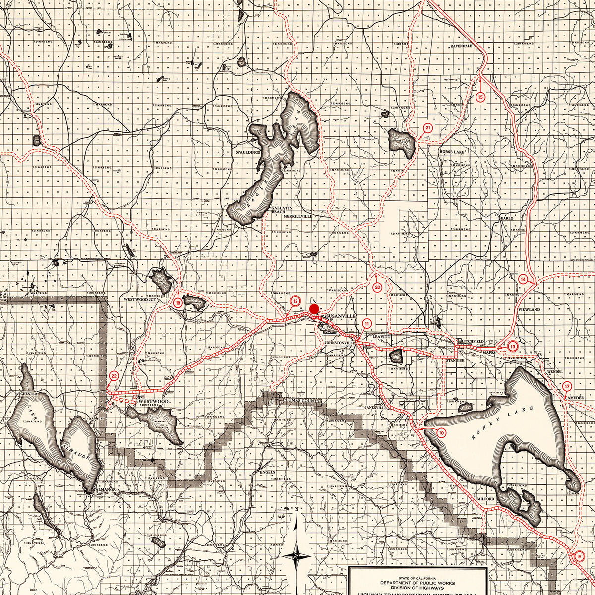 Restored historic details from the 1935 county map of Lassen County, California