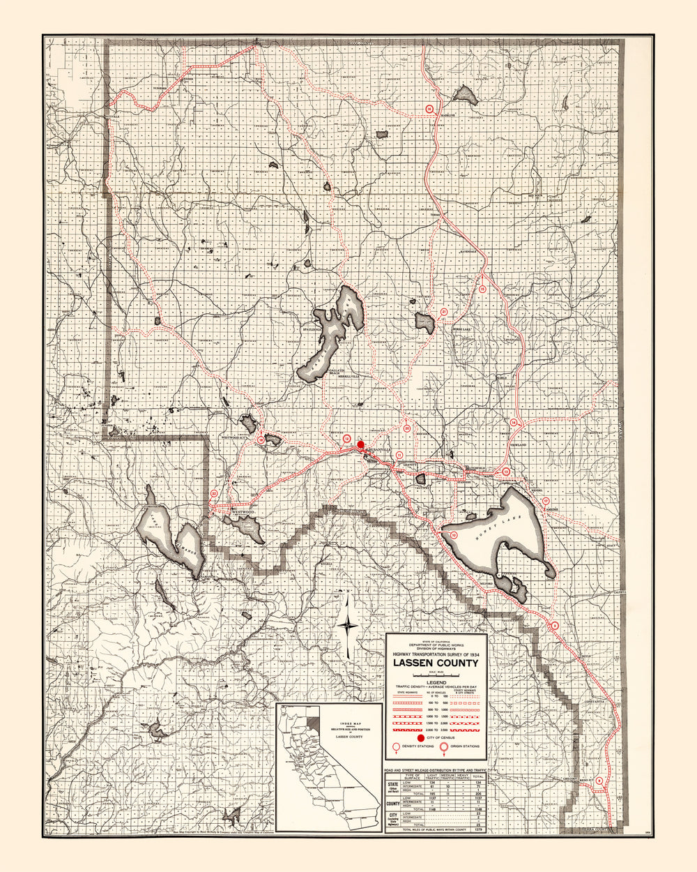 Vintage Map of Lassen County, California 1935 print style example