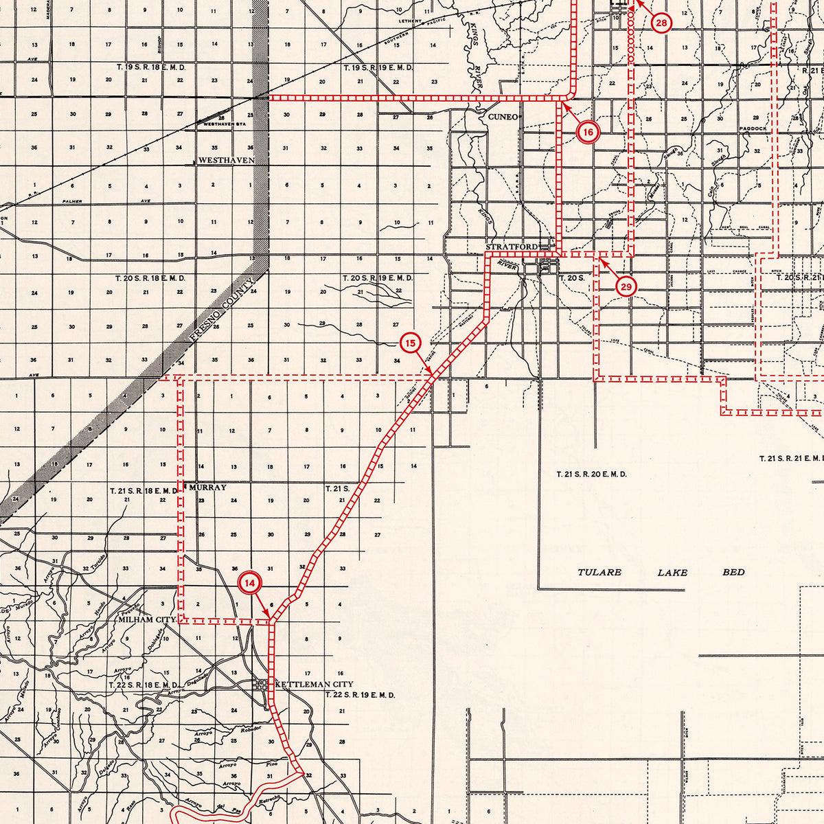 Restored historic details from the 1935 county map of Kings County, California