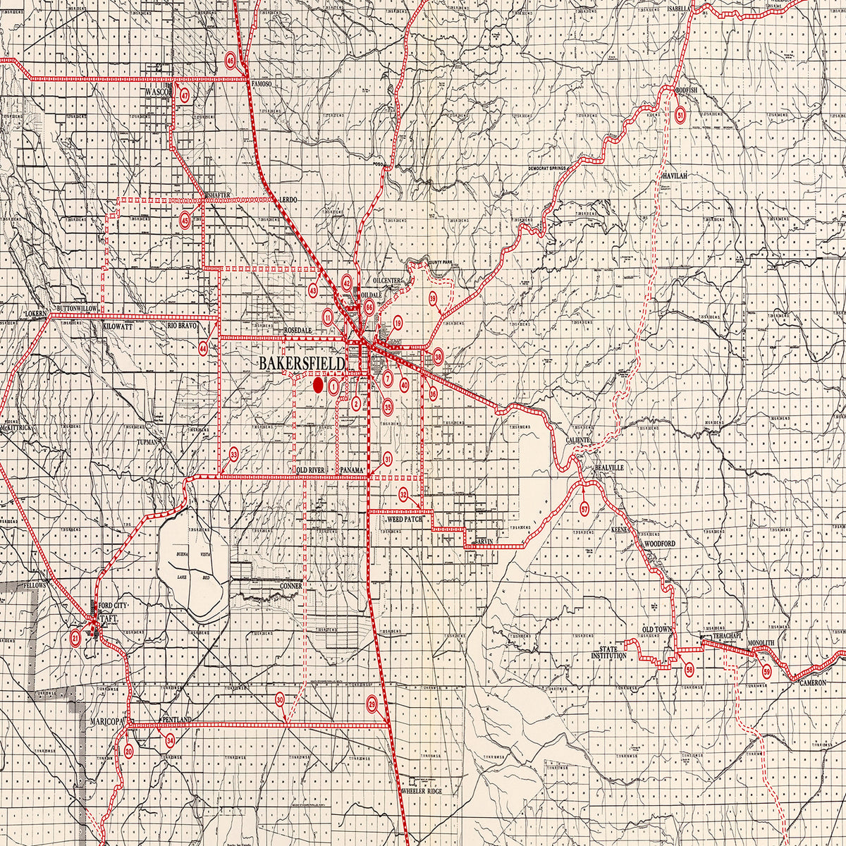 Restored historic details from the 1935 county map of Kern County, California