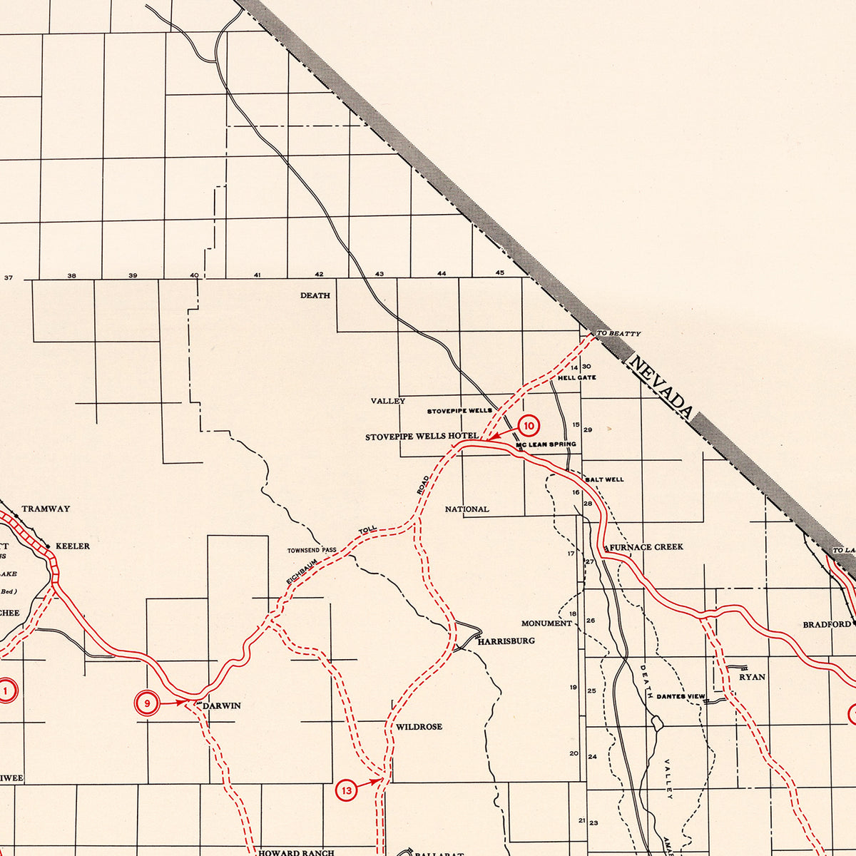 Restored historic details from the 1935 county map of Inyo County, California