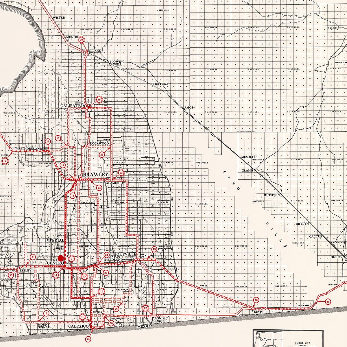 Restored historic details from the 1935 county map of Imperial County, California