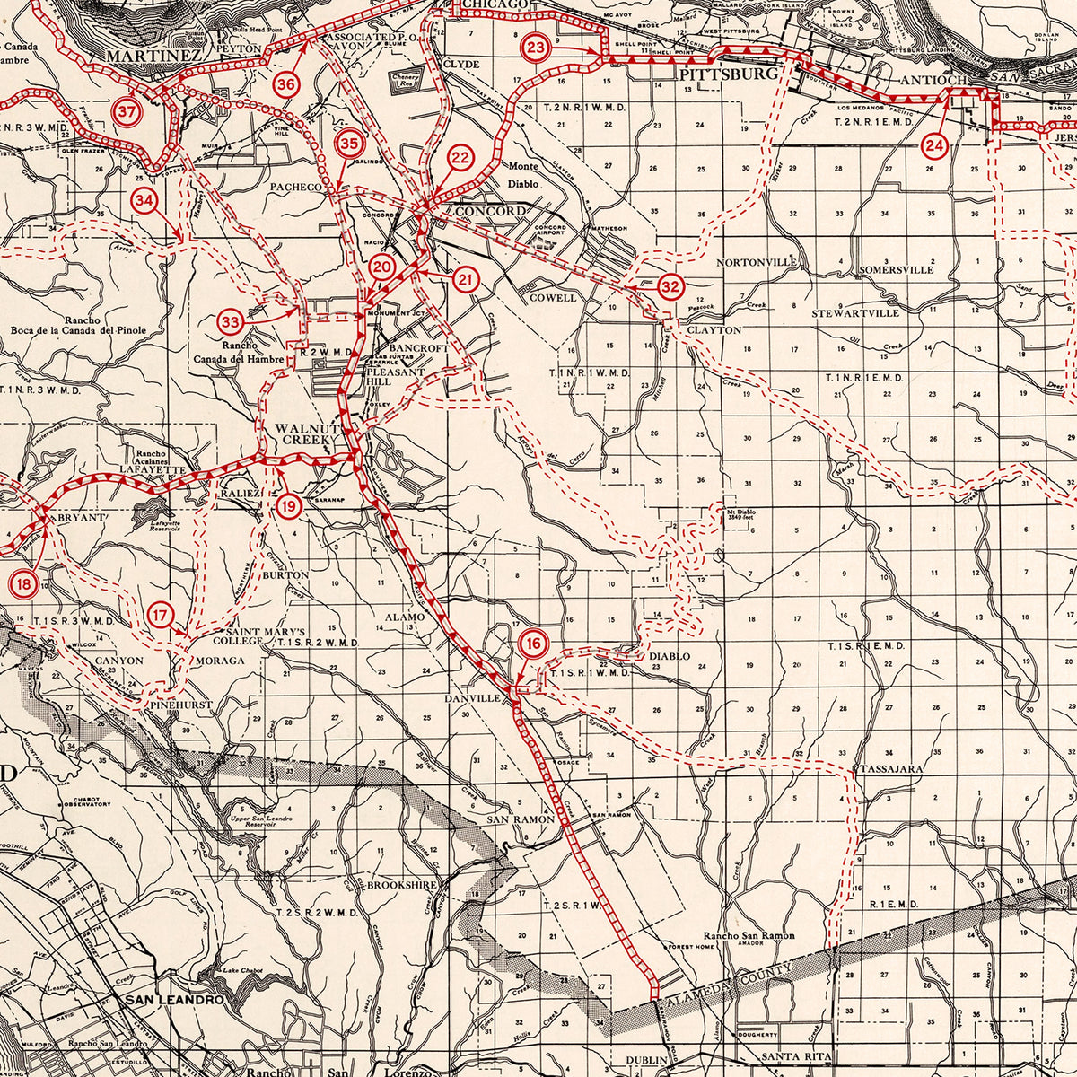 Restored historic details from the 1935 county map of Contra Costa County, California