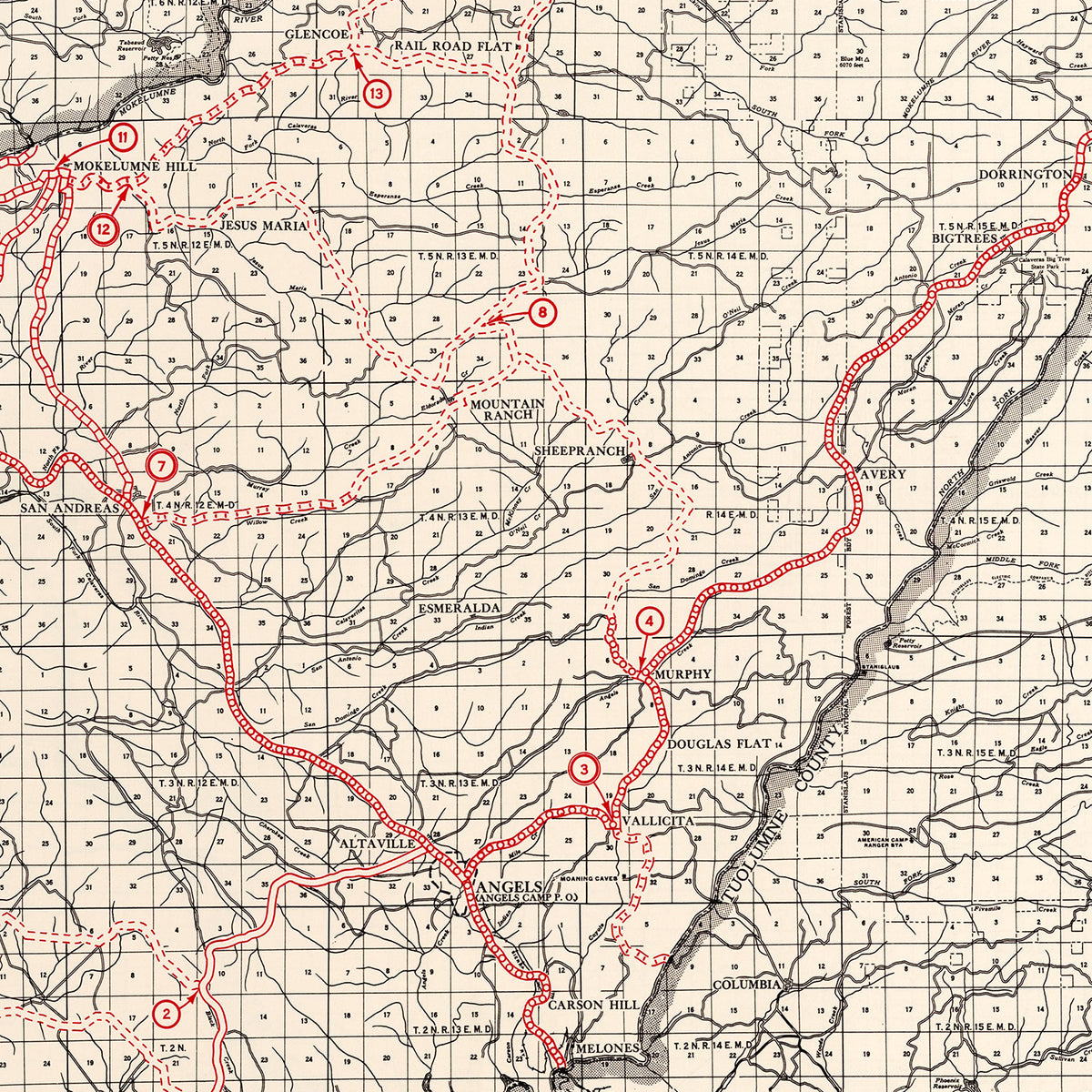 Restored historic details from the 1935 county map of Calaveras County, California