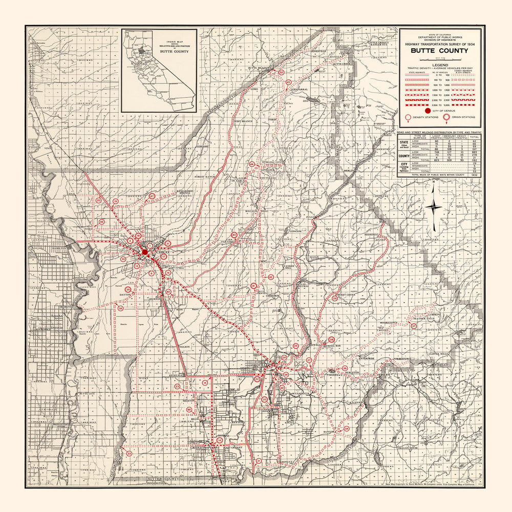 Vintage Map of Butte County, California 1935 print style example