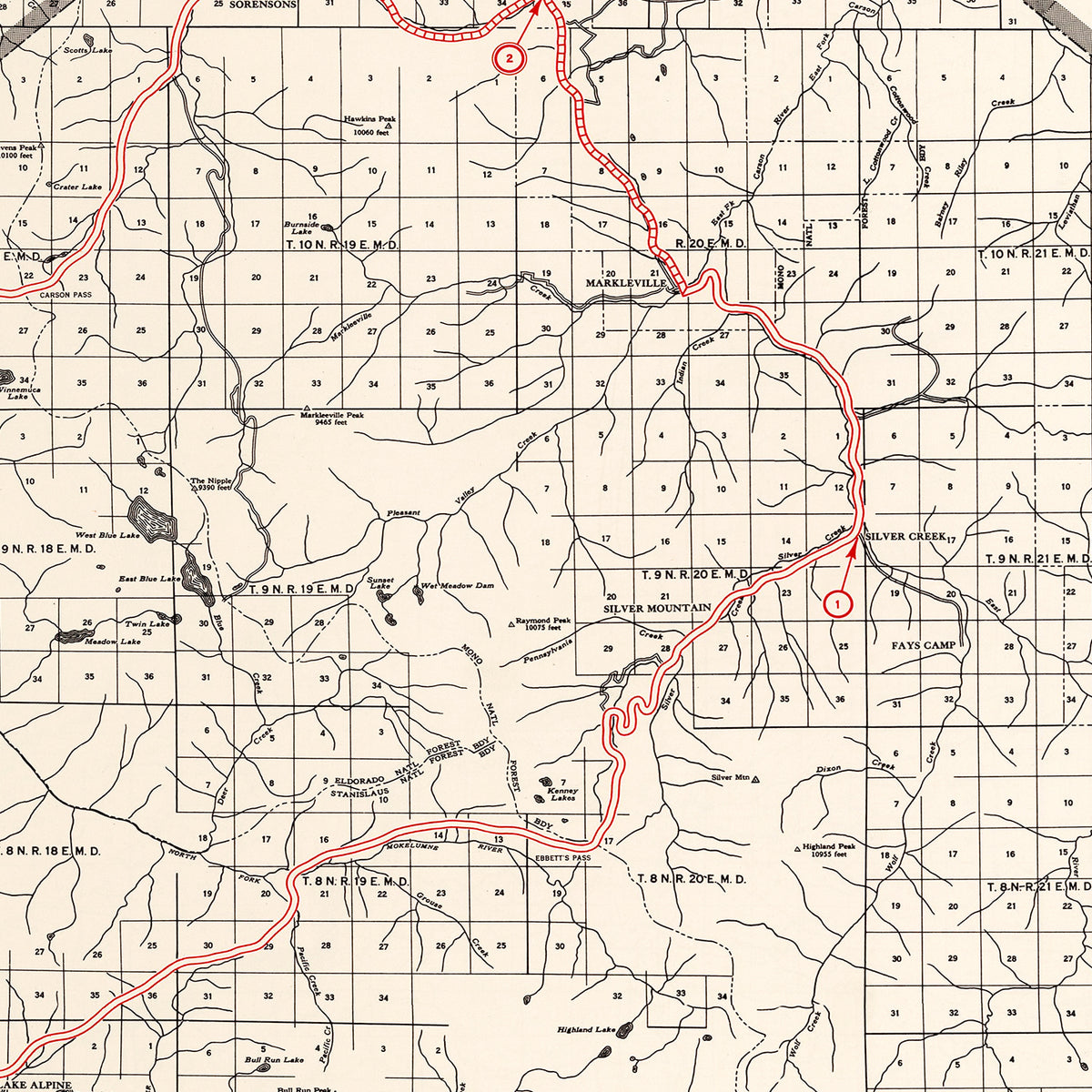 Restored historic details from the 1935 county map of Alpine County, California