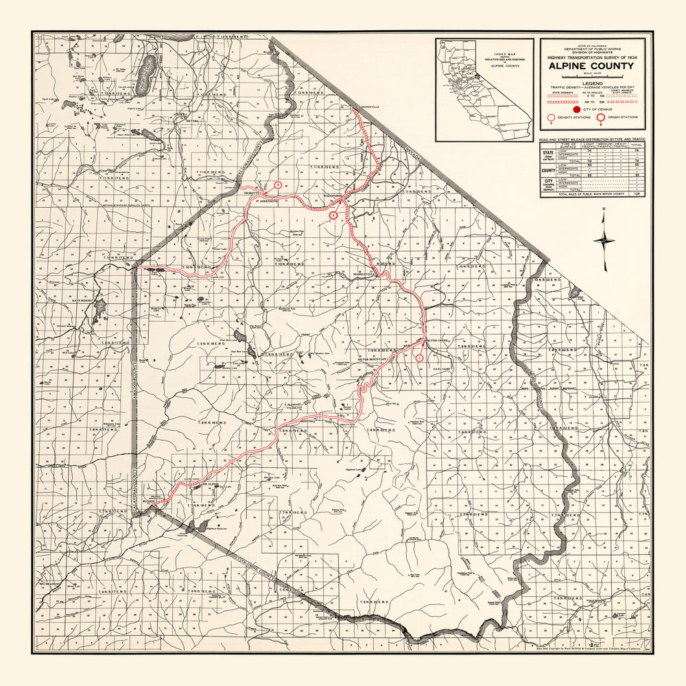Vintage Map of Alpine County, California 1935 print style example