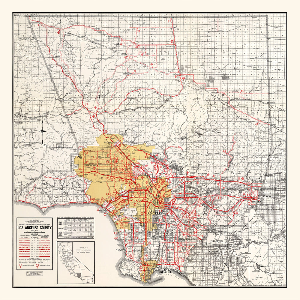 Vintage Map of Los Angeles County, California 1935 print style example