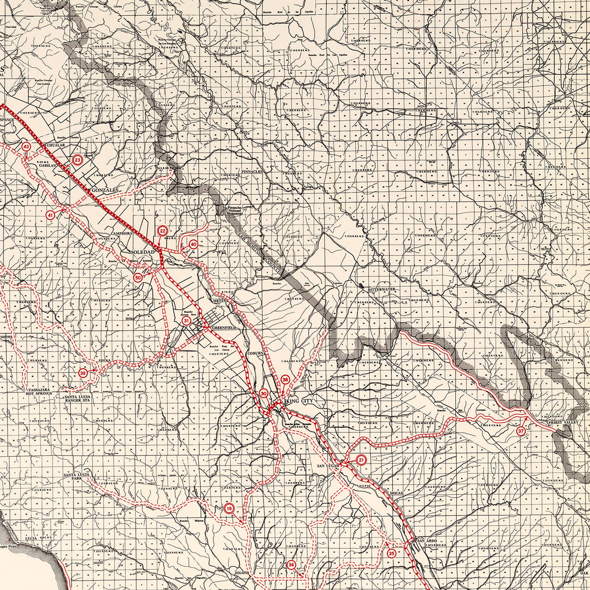 Restored historic details from the 1935 county map of Monterey County, California