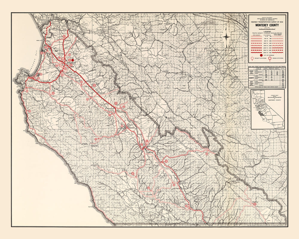 Vintage Map of Monterey County, California 1935 print style example