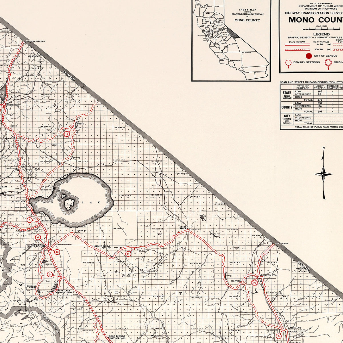 Restored historic details from the 1935 county map of Mono County, California