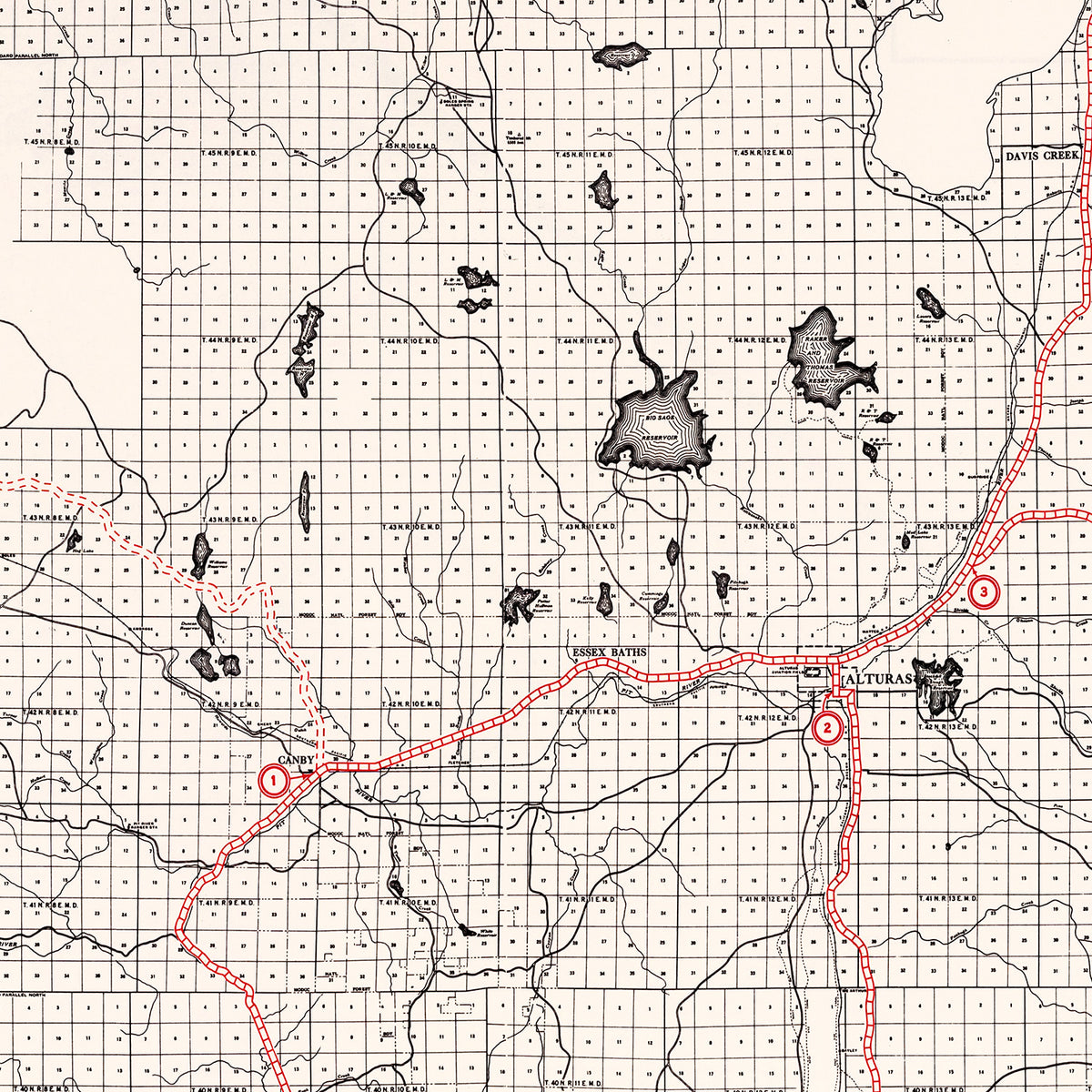 Restored historic details from the 1935 county map of Modoc County, California