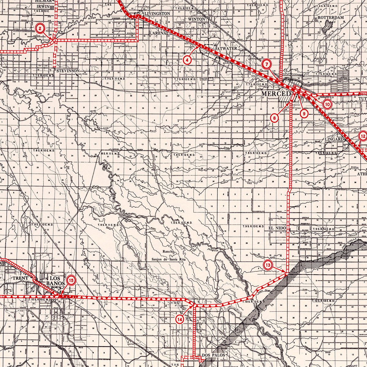 Restored historic details from the 1935 county map of Merced County, California