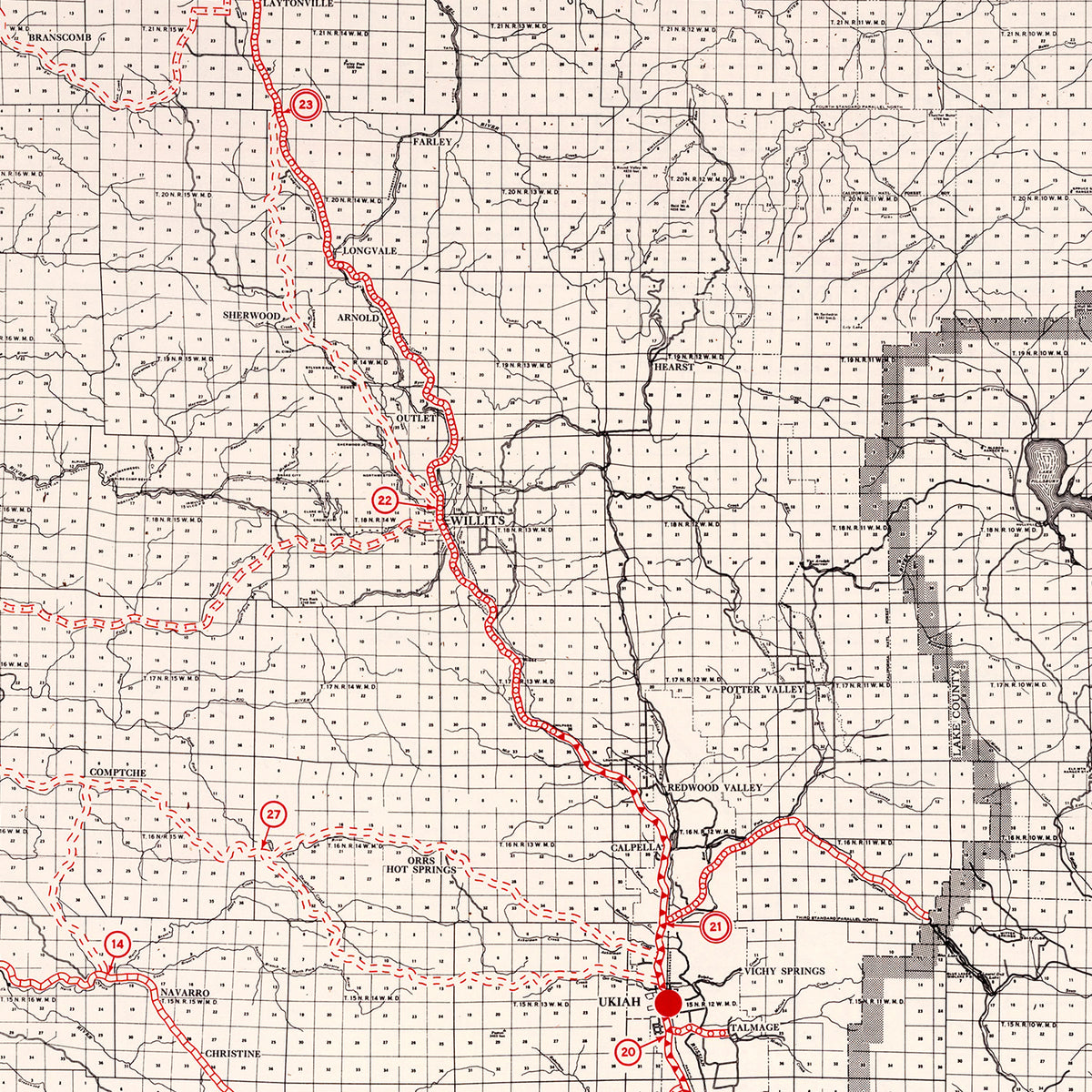 Restored historic details from the 1935 county map of Mendocino County, California