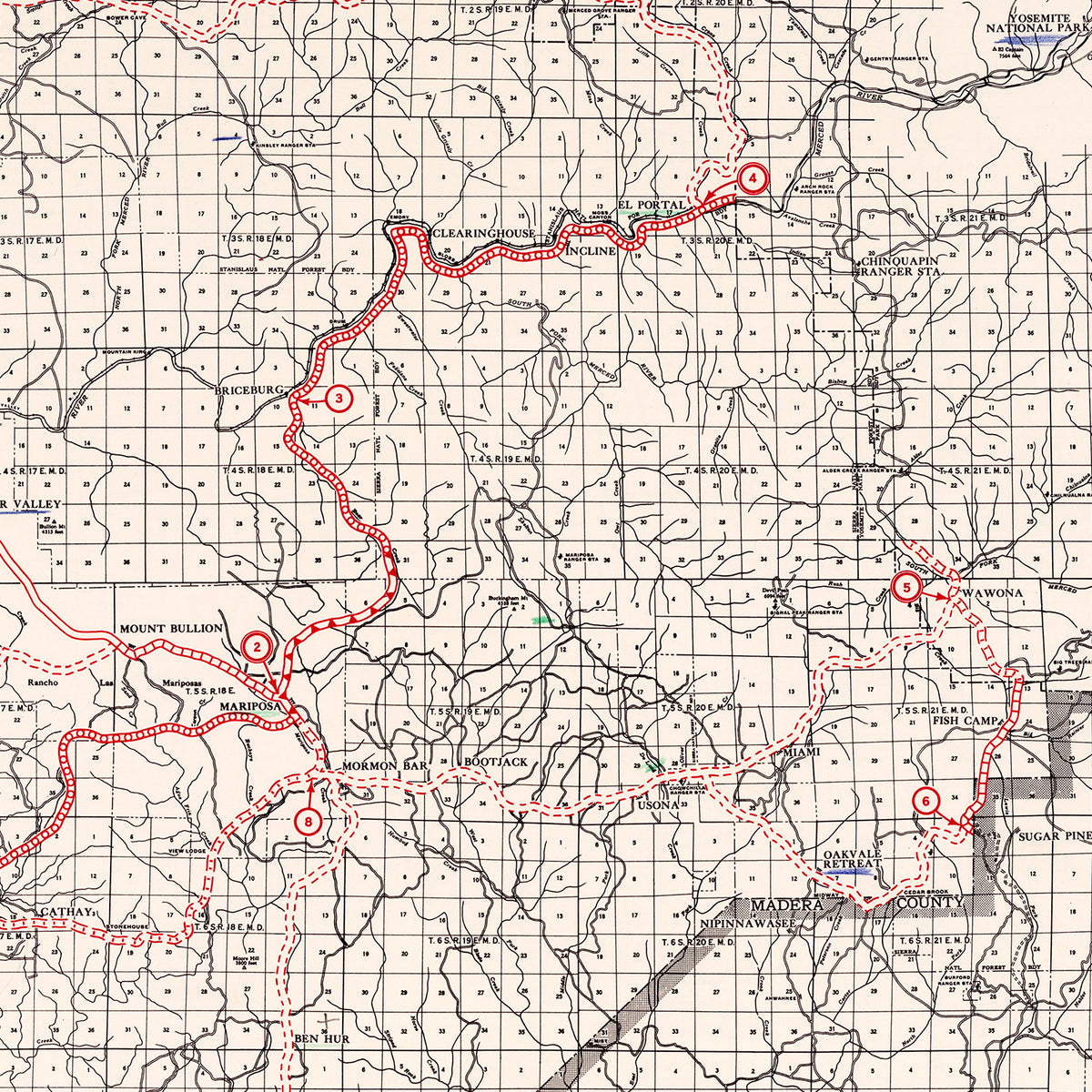 Restored historic details from the 1935 county map of Mariposa County, California