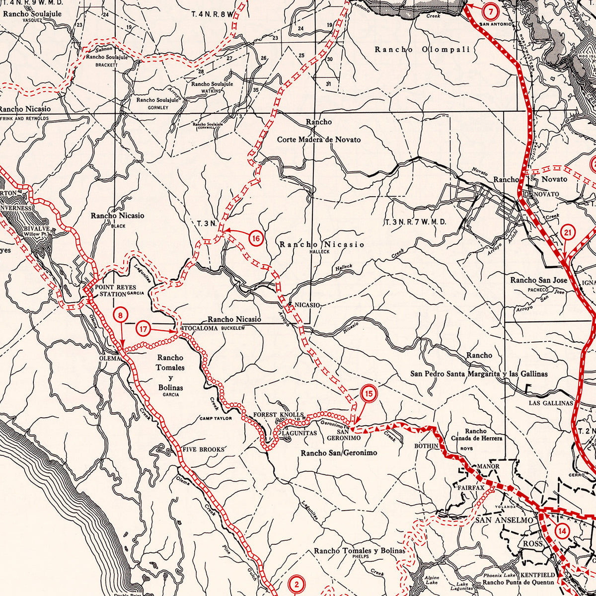 Restored historic details from the 1935 county map of Marin County, California