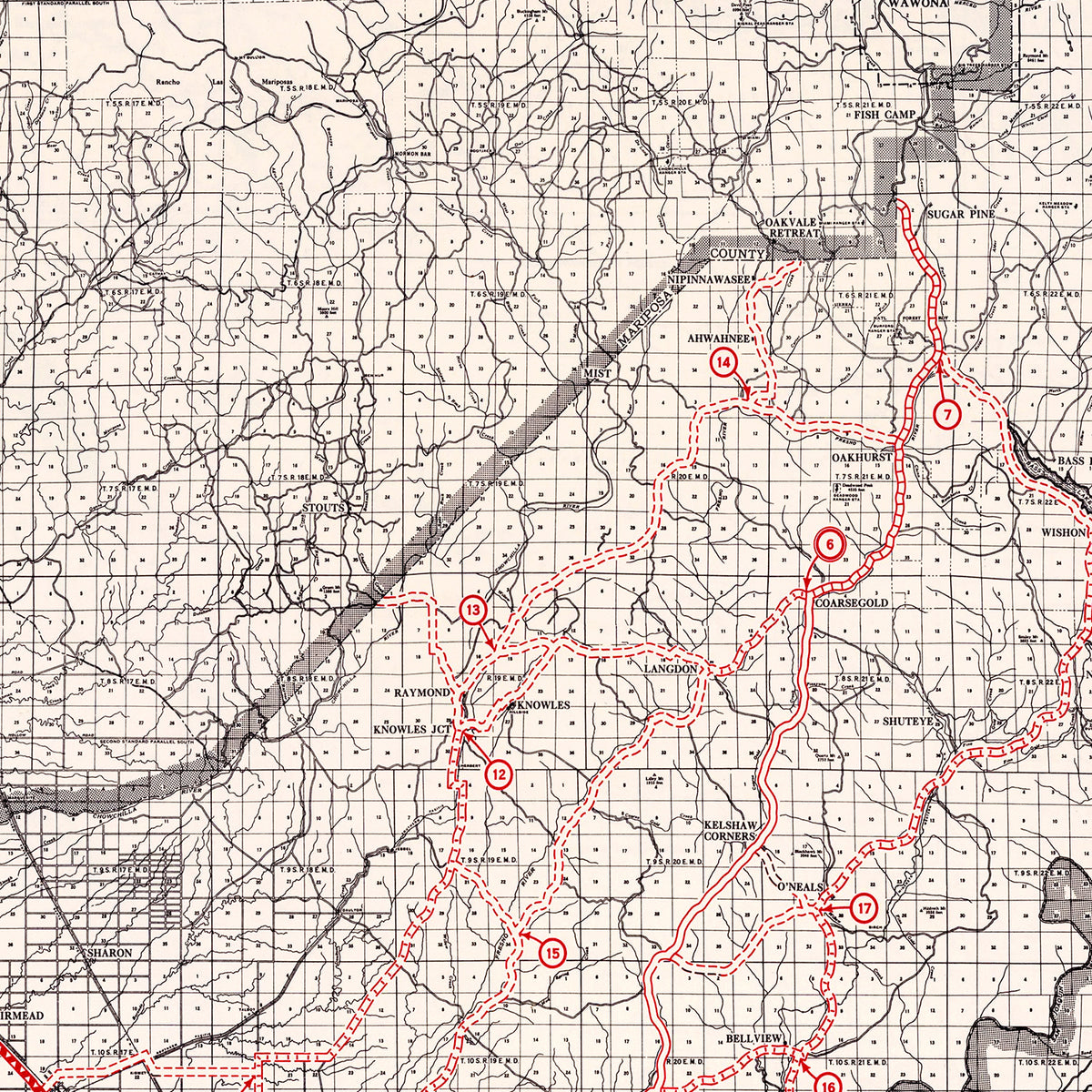 Restored historic details from the 1935 county map of Madera County, California