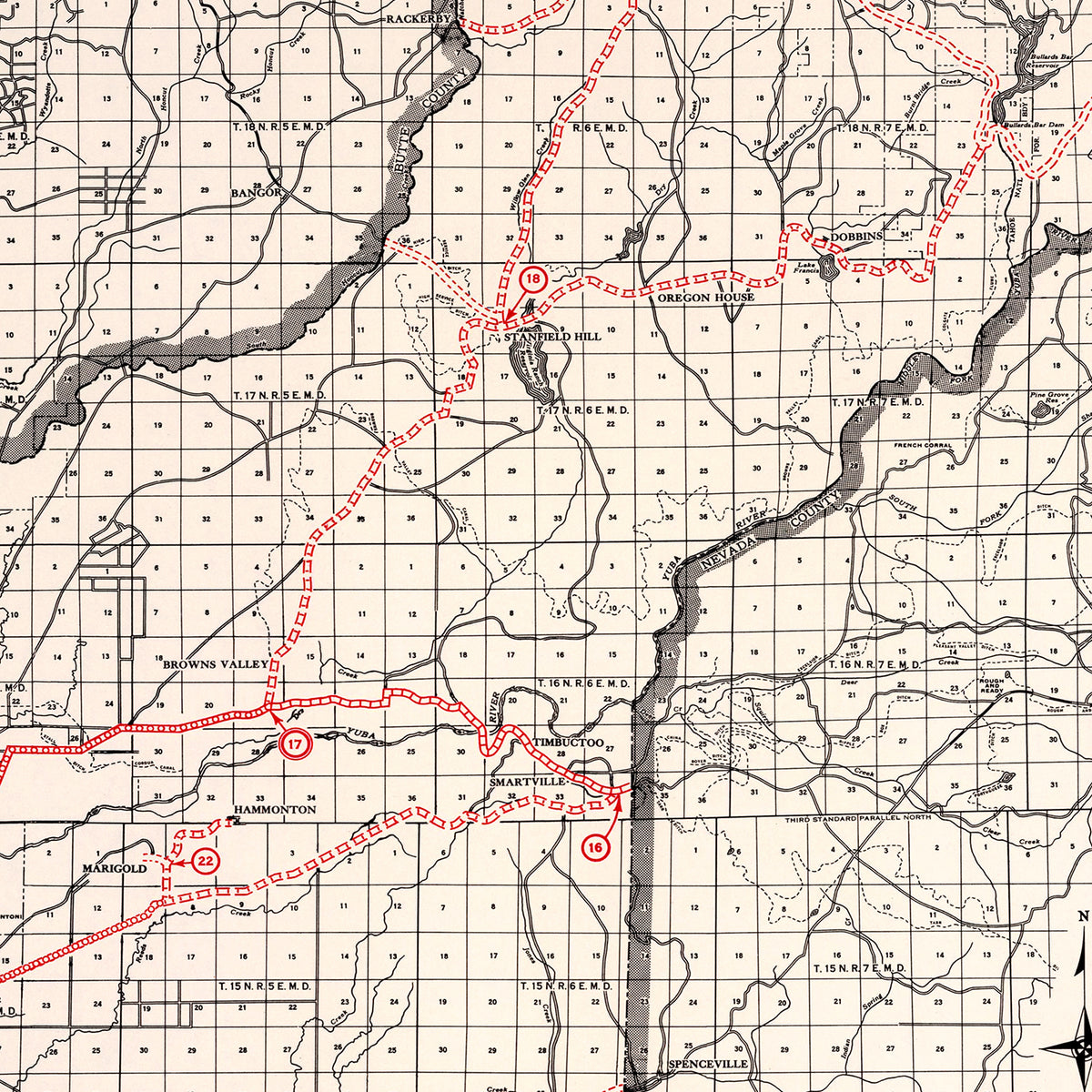 Restored historic details from the 1935 county map of Yuba County, California