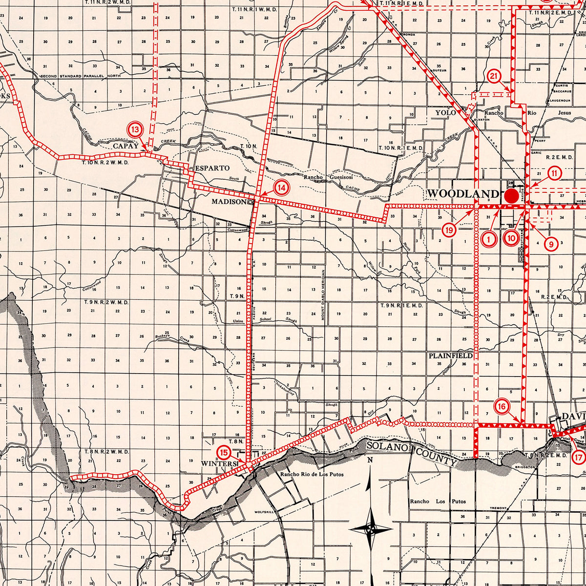 Restored historic details from the 1935 county map of Yolo County, California